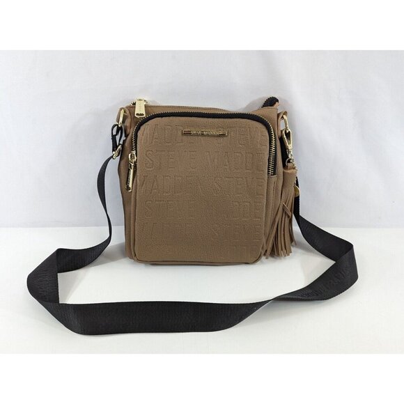 Steve Madden Crossbody Bag Tan Purse Fringe Detail Black Strap Gold Tone NEW - Picture 1 of 11